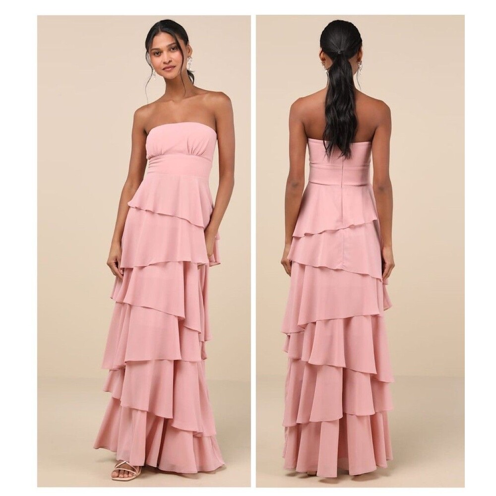 Lulu's Strapless Tiered Maxi Dress in Dusty Pink
